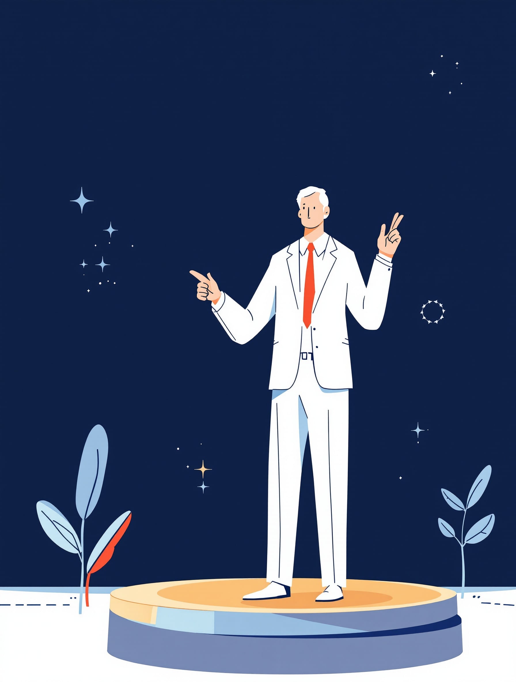 Ilustração de palestrante apresentando pitch no palco